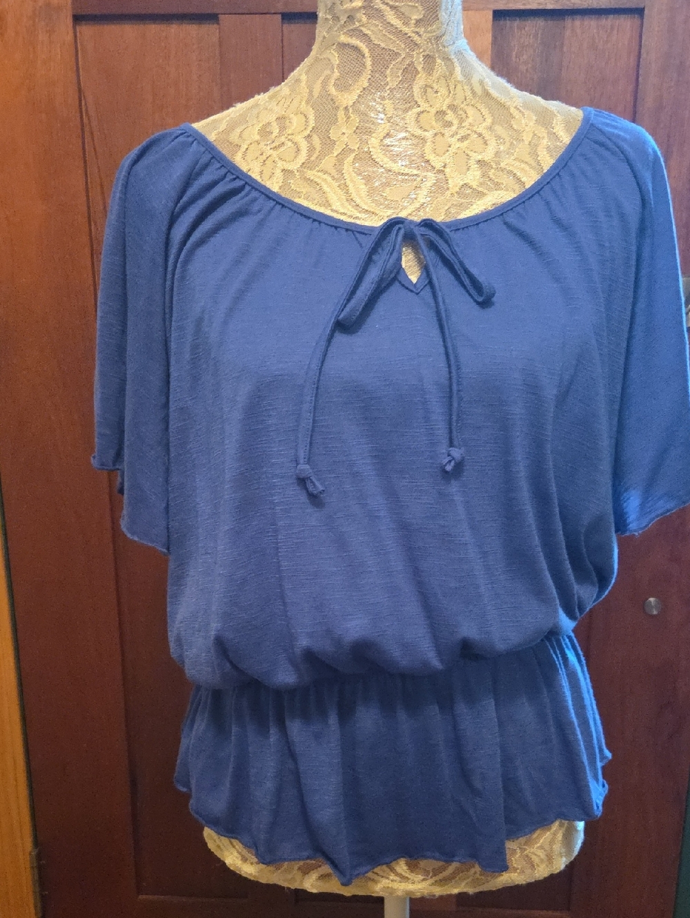 Mossimo Supply Co. L Slate Blue Tie-Neck Peasant Blouse